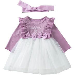 Toddler Girls Dress Daddys Little Girl Bow Ruffle Tulle Long Sleeve Infant Girl Clothes Cute Baby Tutu Skirt for 1-6 Years