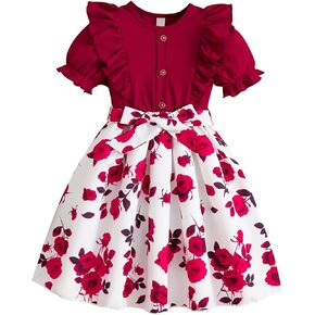 Toddler Girls Dress Summer Flower Print Ruffle Bubble Sleeve Bowknot Sundress Kids Girl Princess Patchwork Dresses