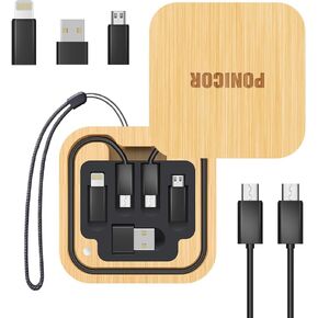 Multi USB Charging Adapter Cable Kit for Travel, Fast Charging and Data Transfer Cable with Type C to Type C/Micro/USB A Adapters, Bamboo Pocket Cable Kit for Travel Gadget.