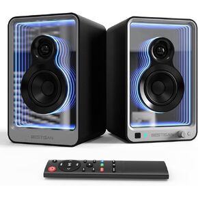 BESTISAN SR15 Bluetooth Bookshelf Speakers, Active Stereo Speakers for TV/Record Player with Subwoofer Out and Light Effects, Turntable Speakers with Optical/ARC/RCA Inputs for PC and TVs