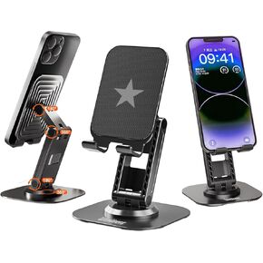 Cell Phone Stand, 360 Degree Adjustable Foldable Desktop Phone Metal Holder Cradle Dock,Compatible with Phone 15 14 13, All Smartphones, Nintendo Switch, Black