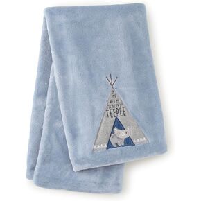 Levtex Baby - Trail Mix Plush Blanket - Appliqued and Embroidered Racoon on Blue Plush - Blue, Black, Grey - Nursery Accessories - Blanket Size: 30 x 40 in.