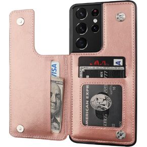 Compatible with Samsung Galaxy S21 Ultra Wallet Case with Card Holder, PU Leather Kickstand Card Slots Case, Double Magnetic Clasp and Durable Shockproof Cover 5G 6.8 Inch(Black)