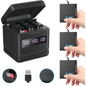 Flip Reader Box with 3 Pack Batteries and Fast Charger for GoPro of Hero 8/Hero 7/Hero 6/Hero 5, USB and USB-C Fast Charger with High Speed Micro SD Card Reader and Battery Power Read Function