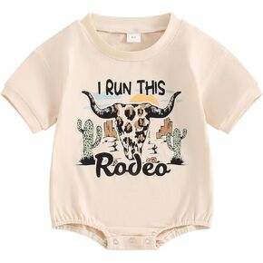 Newborn Baby Boy Western Romper Bull Head Print Playsuit Short Sleeve Round Neck Casual Outfit Summer Clothes