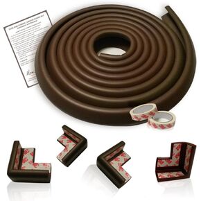 Edge Cushion & Corner Guard Set – Extra Dense Childproof Furniture Protectors – 16.2 Ft. Coverage (15 Ft. Edge & 4 Taped Corner Bumpers) - Coffee Brown - Free Home Baby Proofing Checklist