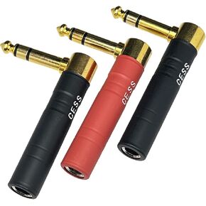 CESS-237 Headphone/Earphone Right-angle Adapter, 6.35mm 1/4-inch TRS Stereo Female to Male, 3-PACK (2 Black + 1 Red)