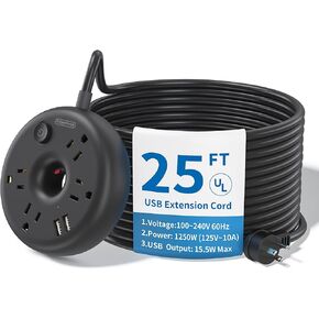 NTONPOWER 25ft Black Power Strip with 4 Outlets, 2 USB Ports, Desktop Extension Cord, Overload Protection, Fireproof ABS+PC Shell