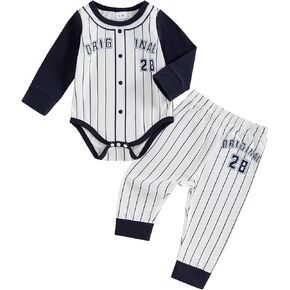 KMBANGI Newborn Baby Boys Baseball Outfit Long Sleeve Stripe Letter Print Bodysuit Jogger Pants 2PCS Set Clothes