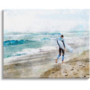 Stupell Industries Summer Surfer Walking Coast Incoming Tide Sandy Footprints Canvas Wall Art, 20 x 16, Blue
