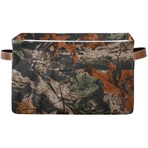 LELEGO Rectangular Storage Basket Forest Tree Camouflage Storage Bins Boxes Collapsible Storage Cubes Organizer with Leather Handles for Home Organization Shelf Basket Toy Laundry Hamper Nursery