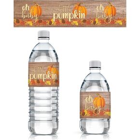 DISTINCTIVS Rustic Fall Little Pumpkin Baby Shower Water Bottle Labels - Autumn Unisex Themed Waterproof Bottle Wrappers - 24 Count
