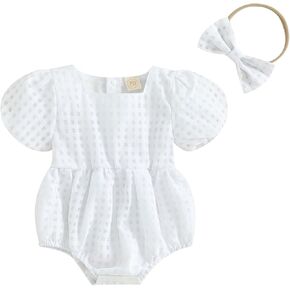 Ledy Champswiin Newborn Baby Girl Summer Clothes Bubble Romper Solid Color Mesh Plaid Bodysuit Jumpsuit + Headband Outfit