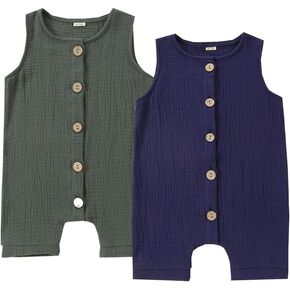 Bafeicao 2 Pack Baby Sleeveless Romper Button Summer Cotton Linen Jumpsuit One Piece Outfit Clothes Overalls