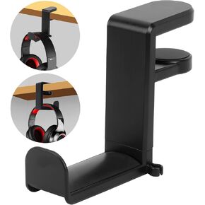 FYY Headphone Stand, 360 Degree Rotation Headset Hanger Holder, Adjustable Gaming Headphone Hook Under Desk Mount Headset Clamp with Cable Organizer Clip Black