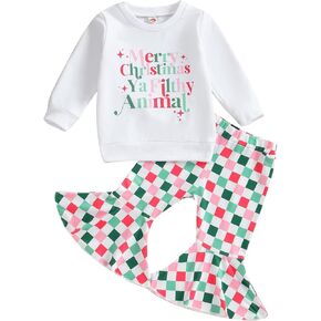 Baby Girl Christmas Outfits Long Sleeve Letters Print Sweatshirt Tops Stretch Bell Bottom Pants Fall Clothes Set