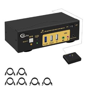 CKLau MST Displayport HDMI KVM Switch Quad Monitor, (2 DP In, 2 DP + 2 HDMI Out), 4K60Hz 2K144Hz 2 Computers 4 Monitors Switcher with Cables, Audio, Microphone and Hub Support Keyboard Mouse Switching