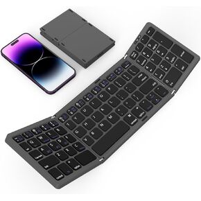 Portable Foldable Keyboard for iPhone/Laptop/iPad/Android - Bluetooth Mini Folding Travel Keyboard with Number Pad, Full Size USB-C Rechargeable Wireless Fold Keyboard Sync up to 3 Devices(BT5.1 x 3)