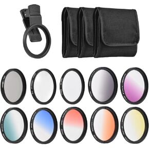 Andoer Clip On Filters Kit 52mm Phone Lens Filter Kit with 7 Colors Graduated Filters CPL Star Filter Close Up Filter Mounting Clip Replacement for iPhone 15/14/13/12/11 Canon Nikon Sony DSLR Cameras