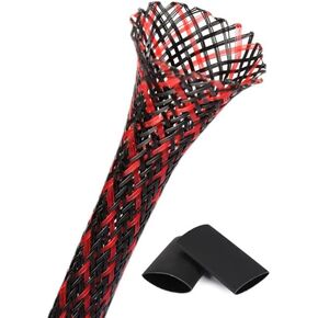 Braided - Cable Sleeves - PET Expandable Wire Loom 1"-25ft, Braided Wire Hider Mesh, Cord Management Organizer for USB Power Video Cable, Flexible Wrap Cover w/Heat Shrinkable Tubes, Black&Red