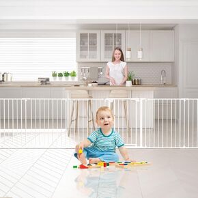 Extra Wide Baby Gate for Playpen and Play Area - 35-205" Baby Fence for Infant and Toddler with Auto-Close Double Locking Door for Living Room Fireplace Kitchen, Foldable 8 Steel Panels, 23.5" Height