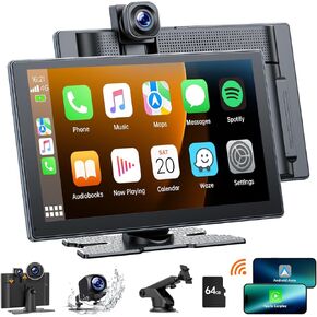 9'' Wireless Carplay Screen for Car with 4K Dash Cam, 1080p Backup Camera, Carplay Screen Compatible with Apple Android Auto, Mirror Link, Loop Recording, GPS Navigation, AUX/FM