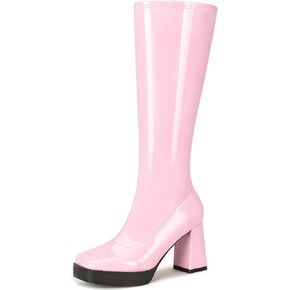Knee High Boots for Women Platform GoGo Boots Patent Leather Square Toe Chunky Heel Boots Zipper Party Rave Tall Booties