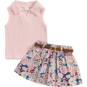 Toddler Baby Girls Skirts Set 2Pcs Summer Outfits Ribbed Knit Sleeveless Tank Tops and Pleated Skirts with Belt