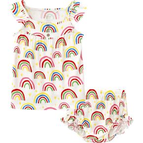 Baby Girl Outfit Infant Ruffle Sleeve Dress Top and Bubble Shorts Set Summer Clothes Set, Viscose Made from Bamboo
