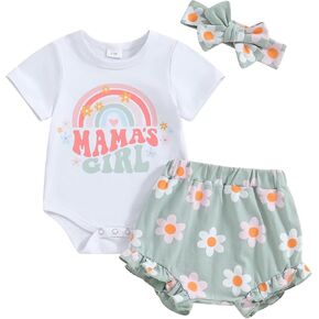 Baby Girl Summer Outfits Letter Print Short Sleeve Romper Flower Ruffle Shorts Headband 3Pcs Boho Baby Girl Clothes