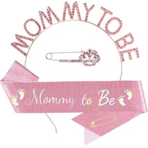 Mom to be Baby Shower Decorations, Mom to be Sash and Tiara Set Mother to be Crown Mom to be Pin Maternity Gift for Her, for Gender Reveal and Baby Girl Showers, Pink (Pink)