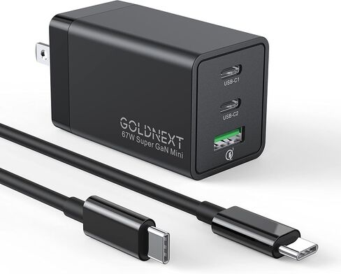 كتلة شاحن USB C، GOLDNEXT 67W 3-Port PD 3.0 GaN شاحن حائط سريع، محول طاقة قابل للطي PPS مع كابل من النوع C لأجهزة MacBook Pro/Air، Dell XPS، iPad، iPhone 14، Galaxy S23، Pixel، Steam Deck، الكمبيوتر المحمول in Kuwait