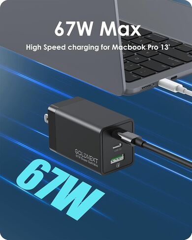 كتلة شاحن USB C، GOLDNEXT 67W 3-Port PD 3.0 GaN شاحن حائط سريع، محول طاقة قابل للطي PPS مع كابل من النوع C لأجهزة MacBook Pro/Air، Dell XPS، iPad، iPhone 14، Galaxy S23، Pixel، Steam Deck، الكمبيوتر المحمول in Kuwait