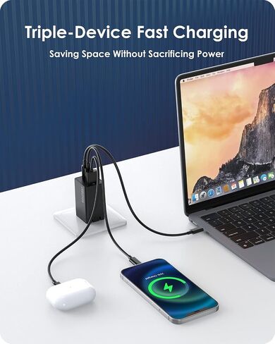 كتلة شاحن USB C، GOLDNEXT 67W 3-Port PD 3.0 GaN شاحن حائط سريع، محول طاقة قابل للطي PPS مع كابل من النوع C لأجهزة MacBook Pro/Air، Dell XPS، iPad، iPhone 14، Galaxy S23، Pixel، Steam Deck، الكمبيوتر المحمول in Kuwait