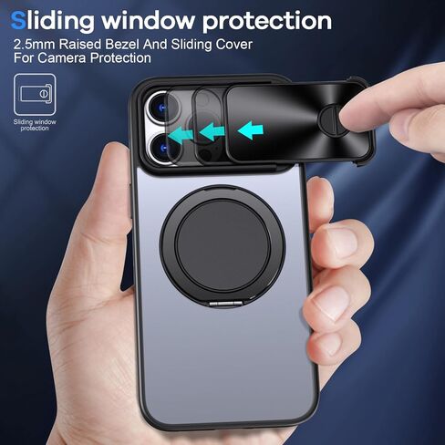 for iPhone 13 Pro Max Case, [Slide Camera Cover][Compatible with Magsafe][Rotating Ring Holder Kickstand] MIL-Grade Shockproof with Matte Hard Back, Full Protective Case for 13 Pro Max-Black in Saudi Arabia