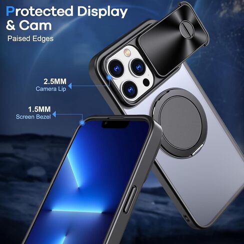 for iPhone 13 Pro Max Case, [Slide Camera Cover][Compatible with Magsafe][Rotating Ring Holder Kickstand] MIL-Grade Shockproof with Matte Hard Back, Full Protective Case for 13 Pro Max-Black in Saudi Arabia