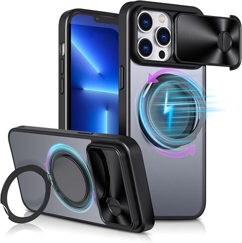 for iPhone 13 Pro Max Case, [Slide Camera Cover][Compatible with Magsafe][Rotating Ring Holder Kickstand] MIL-Grade Shockproof with Matte Hard Back, Full Protective Case for 13 Pro Max-Black in Saudi Arabia
