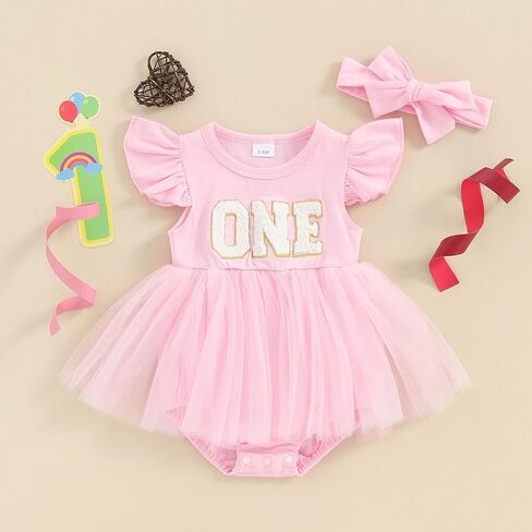 My First Birthday Outfit Newborn Baby Girl Tutu Romper Dress Sleeveless One Year Old Girl Princess Dresses Onesie (Pink,12-18 Months) in Saudi Arabia