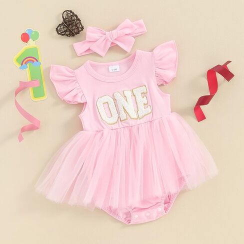 My First Birthday Outfit Newborn Baby Girl Tutu Romper Dress Sleeveless One Year Old Girl Princess Dresses Onesie (Pink,12-18 Months) in Saudi Arabia
