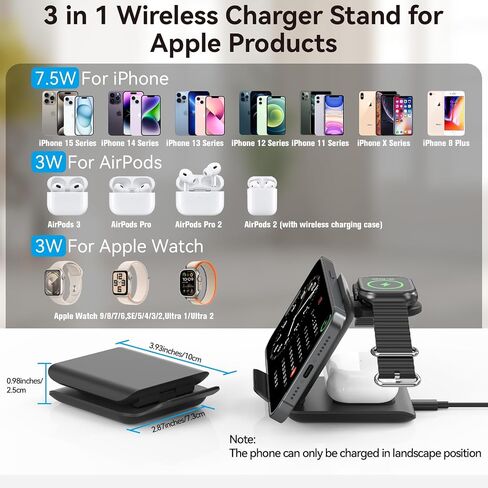 Wireless Charger Stand, 3 in 1 Foldable Fast Charging Station for Apple Multiple Devices, Compatible with iPhone 15/14/13/Pro Max/Pro/Plus/Mini, for AirPods 2/3/Pro, Watch Ultra/9/8/7/SE/6/5/4 in Saudi Arabia
