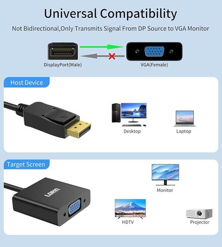 محول DisplayPort إلى VGA، منفذ عرض مطلي بالذهب إلى كابل VGA (ذكر إلى أنثى)، 1080P DP إلى VGA للكمبيوتر، سطح المكتب، الكمبيوتر المحمول، الكمبيوتر الشخصي، الشاشة، جهاز العرض، HDTV in Kuwait