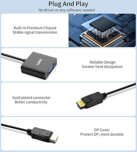 محول DisplayPort إلى VGA، منفذ عرض مطلي بالذهب إلى كابل VGA (ذكر إلى أنثى)، 1080P DP إلى VGA للكمبيوتر، سطح المكتب، الكمبيوتر المحمول، الكمبيوتر الشخصي، الشاشة، جهاز العرض، HDTV in Kuwait