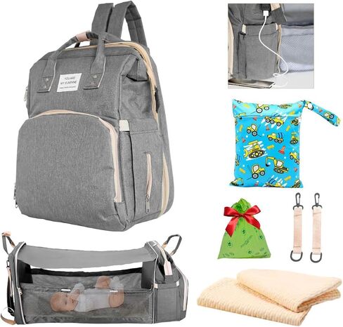 7 in 1 Diaper Bag with Changing Station, Unisex Baby Backpack with Portable Changing Pad, Large Waterproof Diaper Bag with USB Port, Built-in Stroller, Clips, Moonlit Grey Baby Bag for Travel in Saudi Arabia