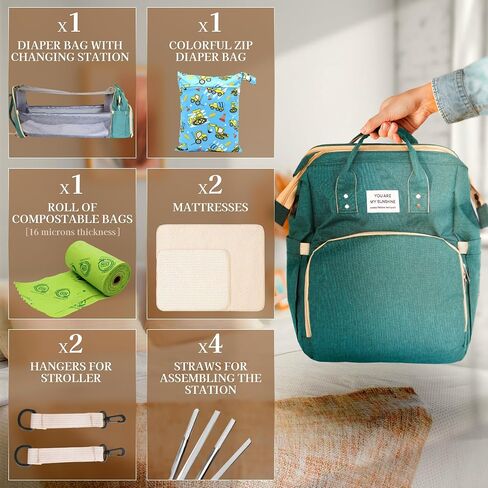 7 in 1 Diaper Bag with Changing Station, Unisex Baby Backpack with Portable Changing Pad, Large Waterproof Diaper Bag with USB Port, Built-in Stroller, Clips, Moonlit Grey Baby Bag for Travel in Saudi Arabia
