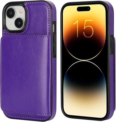 KIHUWEY Compatible with iPhone 15 Wallet Case Credit Card Holder, Premium Leather Kickstand Flip Hidden Magnetic Clasp Durable Shockproof Protective Cover for iPhone 15 6.1 inch (Black) in Saudi Arabia