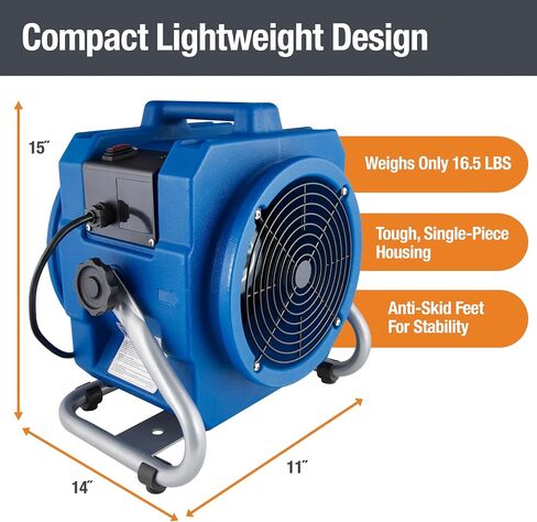 BlueDri المحمولة 1/5 حصان، 870 CFM مروحة محرك هواء محوري صغيرة مع خيار التثبيت على الحائط لأضرار المياه والتجفيف والتهوية، أزرق، MA-870، صغير in Saudi Arabia