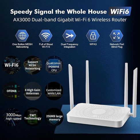 موجه الإنترنت اللاسلكي Binardat WiFi6 AX3000، 2.4G/5G ثنائي النطاق 160 ميجاهرتز، عرض النطاق الترددي 2x2 MIMO، 4 منافذ Gigabit Ethernet WAN/LAN، شبكة/WPS بنقرة واحدة in Saudi Arabia