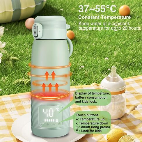 Portable Bottle Warmer for Travel, Baby Milk Warmer, Stainless Steel Vacuum-Insulated Mug, 37°C to 55°C Constant Temperature, USB Charging, Baby Thermos Cup On The Go, 17 Ounce/500ML in Saudi Arabia