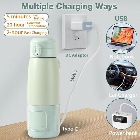 Portable Bottle Warmer for Travel, Baby Milk Warmer, Stainless Steel Vacuum-Insulated Mug, 37°C to 55°C Constant Temperature, USB Charging, Baby Thermos Cup On The Go, 17 Ounce/500ML in Saudi Arabia