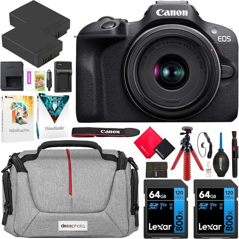 Canon EOS R100 Mirrorless Camera Body with RF-S 18-45mm F4.5-6.3 is STM Lens 6052C012 Bundle with Deco Gear Photography Bag + 2 x Battery + 2 x 64GB Memory Cards + Accessories Kit in Kuwait